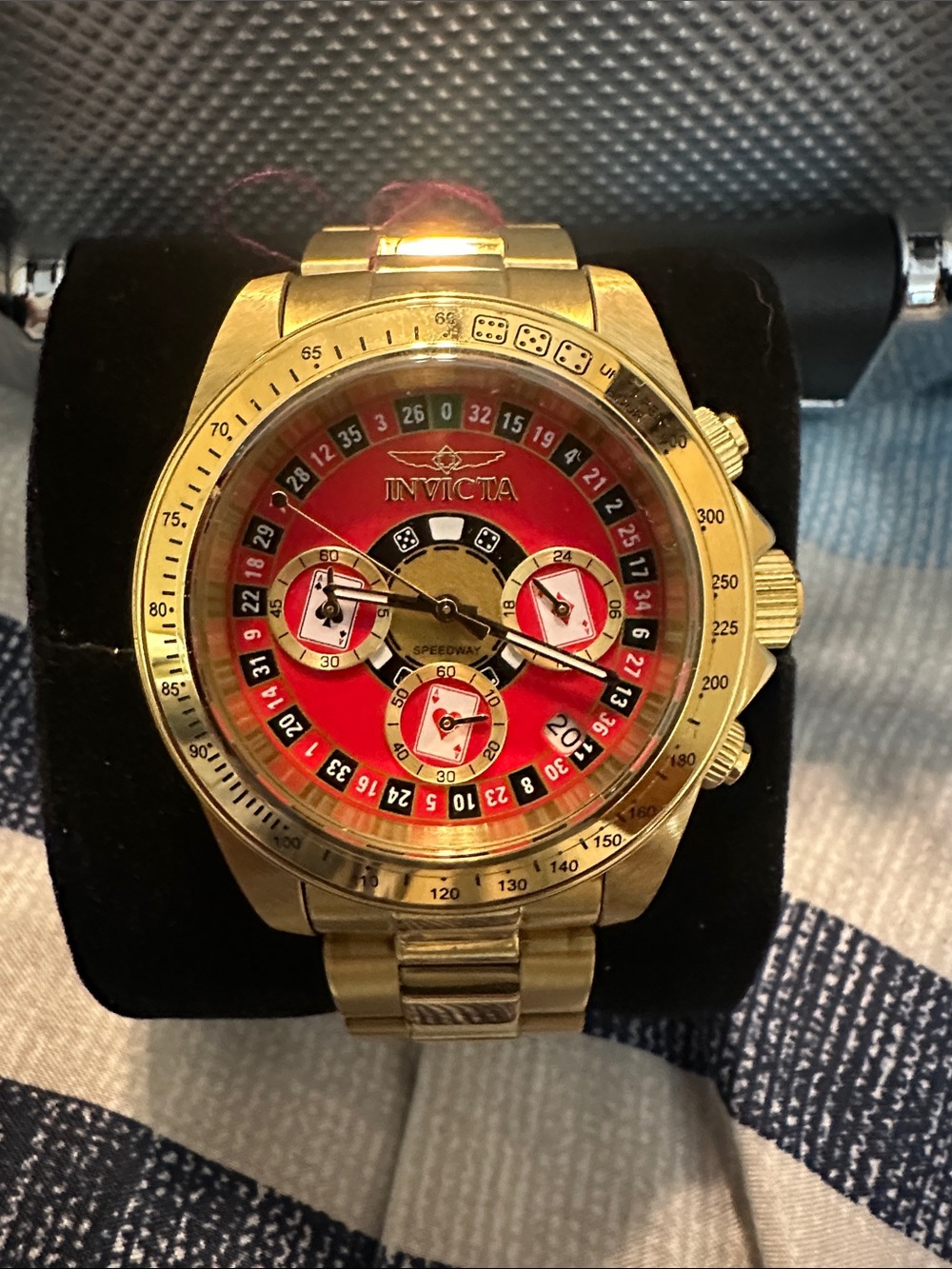Invicta Gold-Tone Men’s Watch with Red Dial and Multi-Function Subdials